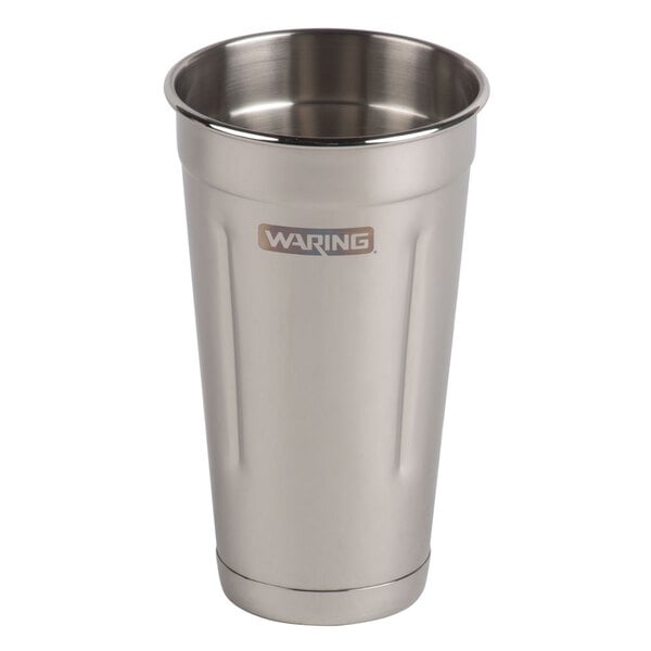A stainless steel Waring malt cup with a logo on it.