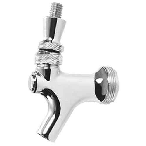A close-up of a chrome Micro Matic beer faucet with a stainless steel lever.