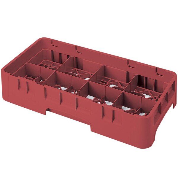 A red plastic Cambro glass rack with 8 compartments and extenders.