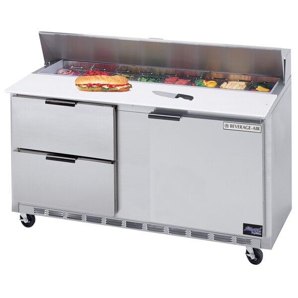 Beverage-Air SPED60HC-16C-2 60" 1 Door 2 Drawer Cutting Top Refrigerated Sandwich Prep Table with 17" Wide Cutting Board