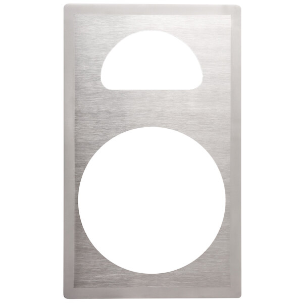 A silver rectangular stainless steel adapter plate with a white circular hole and a satin finish edge.