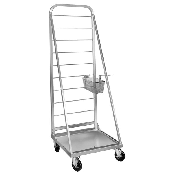 A silver metal Channel mobile fryer basket rack with a basket on top.