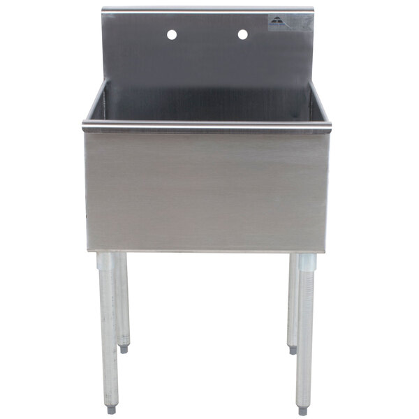 An Advance Tabco stainless steel commercial sink with two legs and a drain.