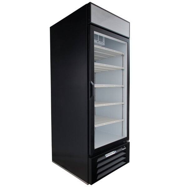 A black Beverage-Air MarketMax glass door refrigerator with shelves.