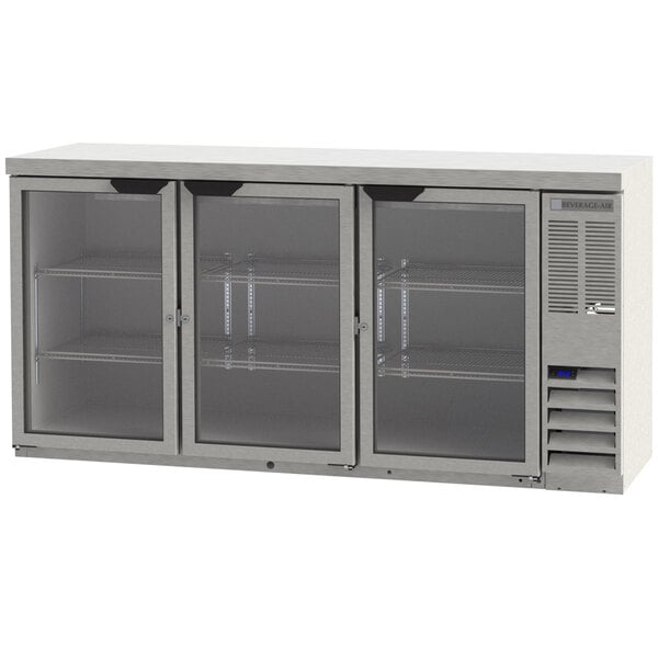 A white and grey Beverage-Air back bar refrigerator with three glass doors.
