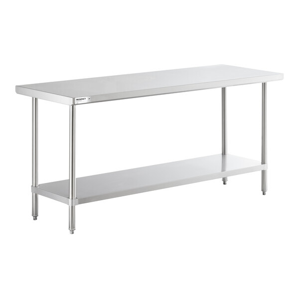 A stainless steel table with four legs and an undershelf, designed for commercial use.