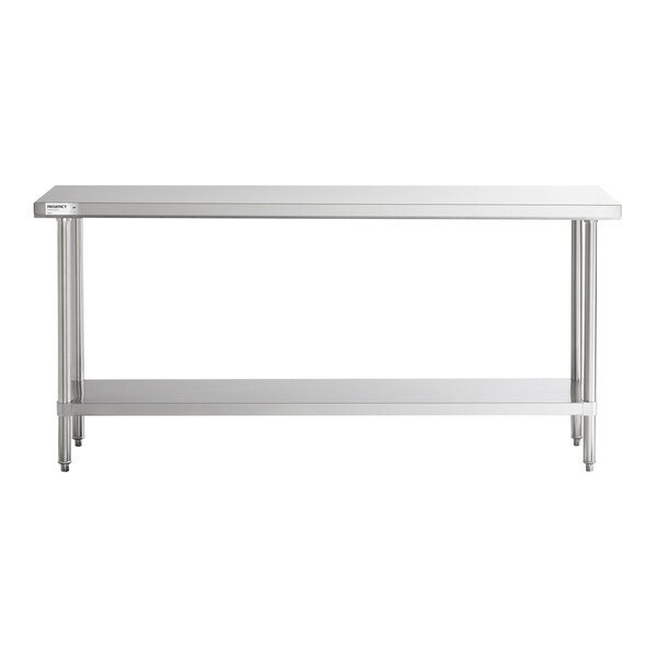 A stainless steel work table with an undershelf and four legs, shown against a white background.