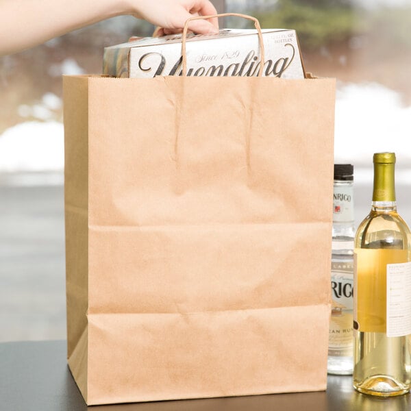 Duro Regal Natural Kraft Paper Shopping Bag with Handles 12" x 9" x 15 3/4" - 200/Bundle