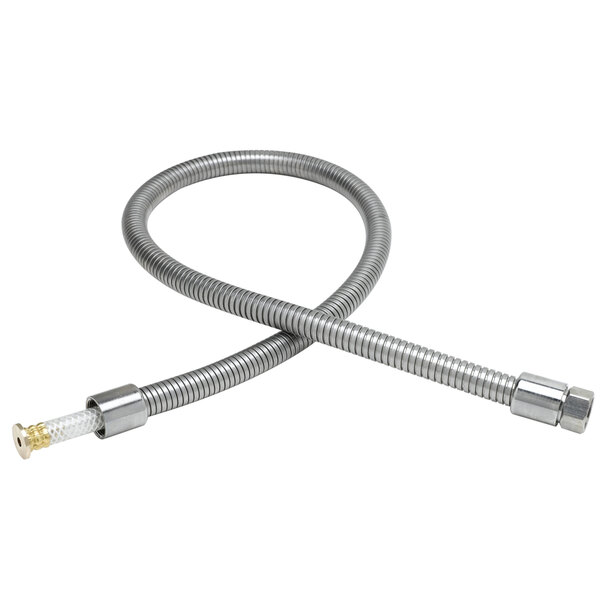 A T&amp;S stainless steel flexible hose with a swivel connector.