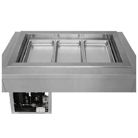 A Wells stainless steel refrigerated cold food well with four pans on a refrigerated counter.