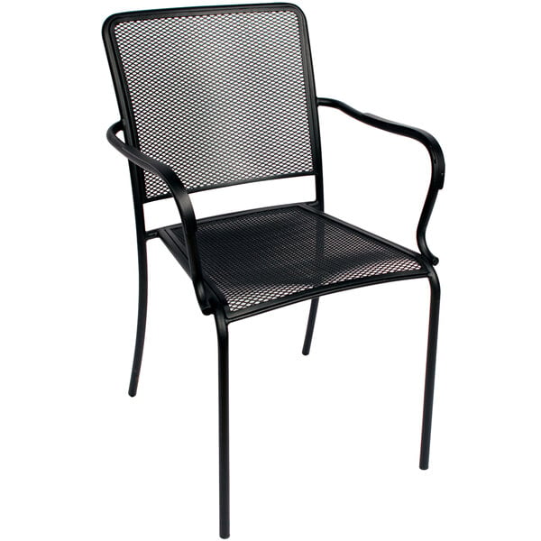 A black BFM Seating outdoor restaurant chair with armrests and a mesh back.