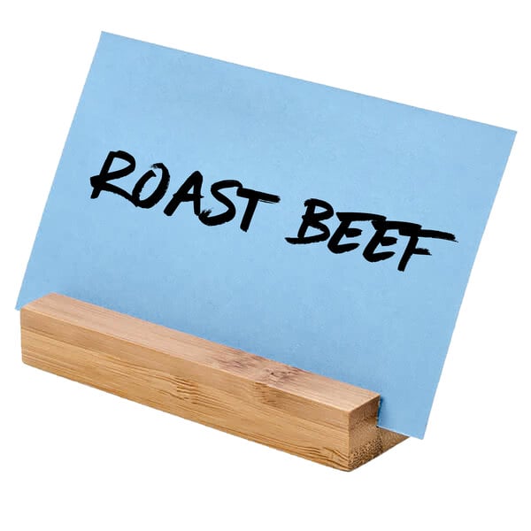 An American Metalcraft natural bamboo table card holder with a blue sign reading "roast beef"