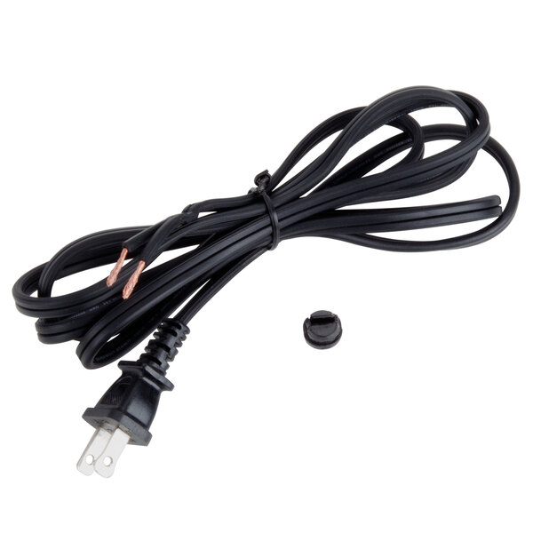A black power cord with a small plug.