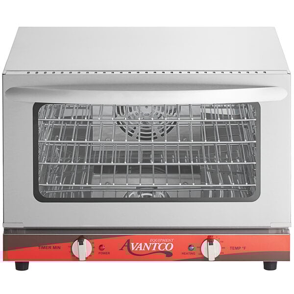 An Avantco countertop convection oven with a metal grid rack inside.