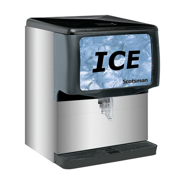 A Scotsman countertop ice dispenser machine with a black and silver surface.