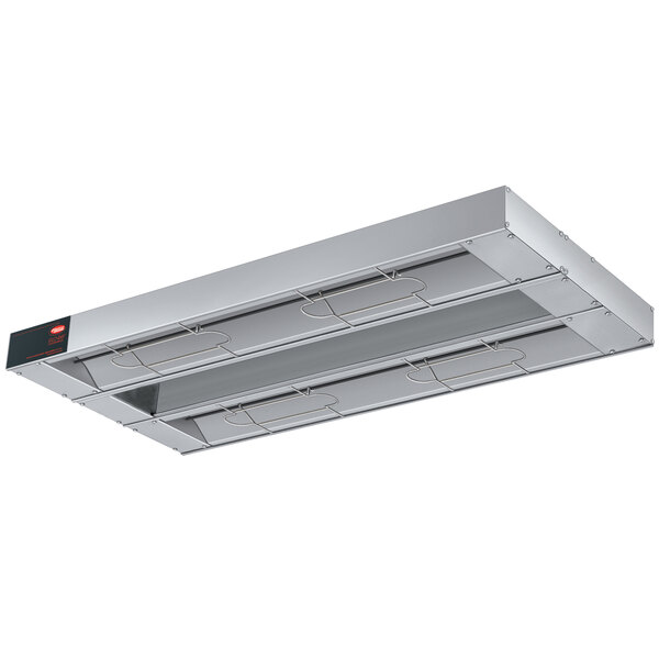 A Hatco stainless steel rectangular infrared warmer with black toggle controls.