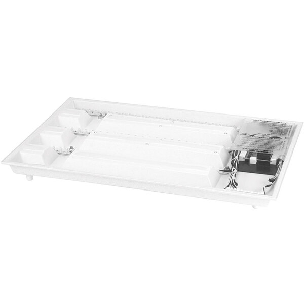 A white rectangular LED lighting unit with metal parts and wires.