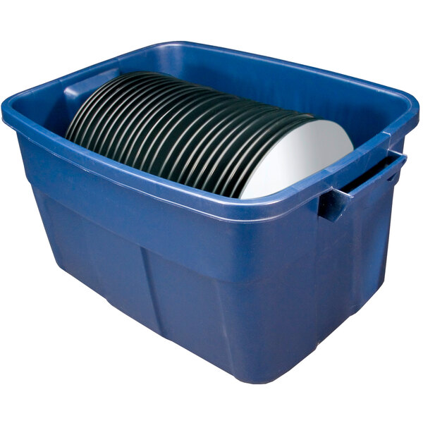 A blue plastic storage bin with black trays in it.