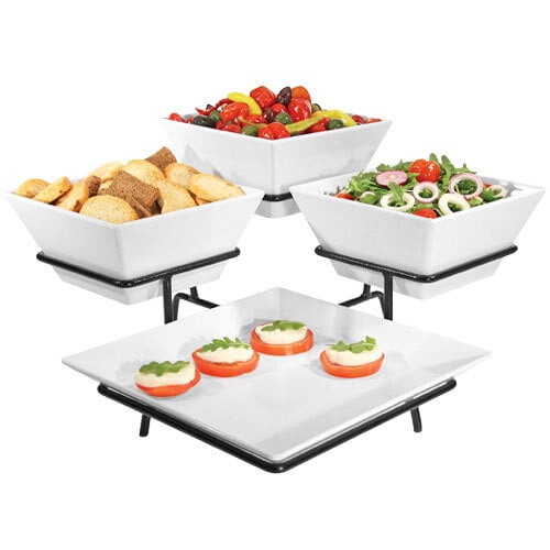 A black Cal-Mil display organizer with white square bowls and a white square platter of food.