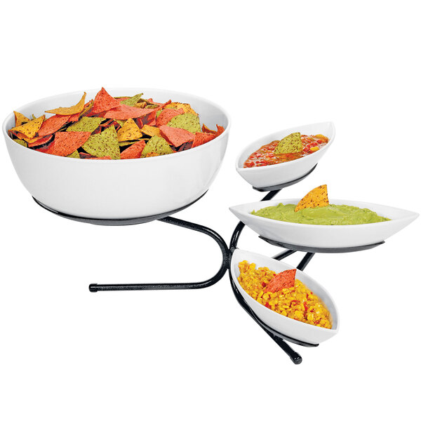 A black Cal-Mil incline display with small and large bowls of chips on it.