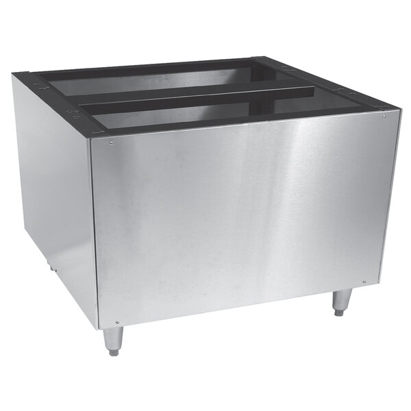 A silver metal stand with black trim for a Scotsman ice machine.