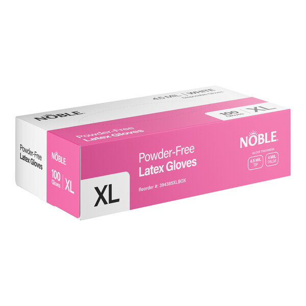 A box of Noble brand extra large powder-free latex gloves for foodservice use.