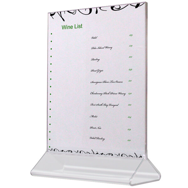 A white Cal-Mil upright acrylic displayette holding a menu card with black writing.