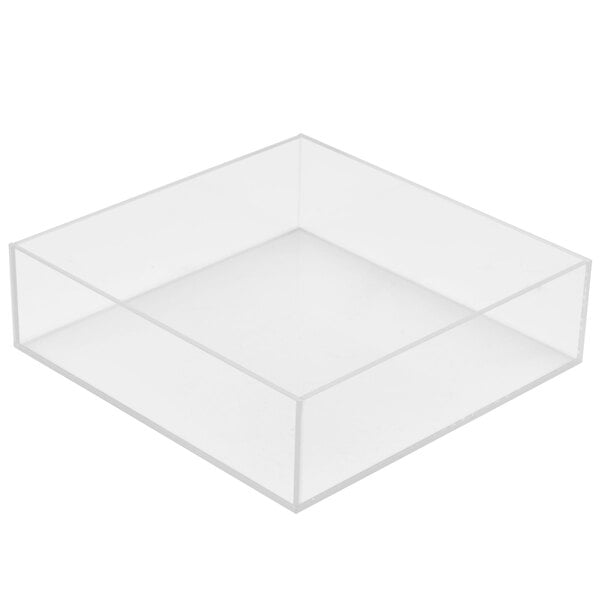 A clear square bowl with a white background.
