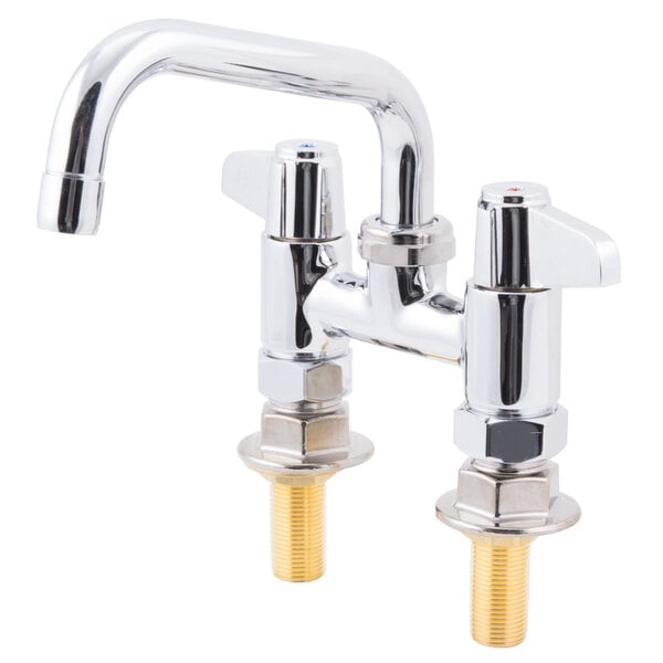 A chrome Equip by T&S deck-mount swing faucet with two handles.
