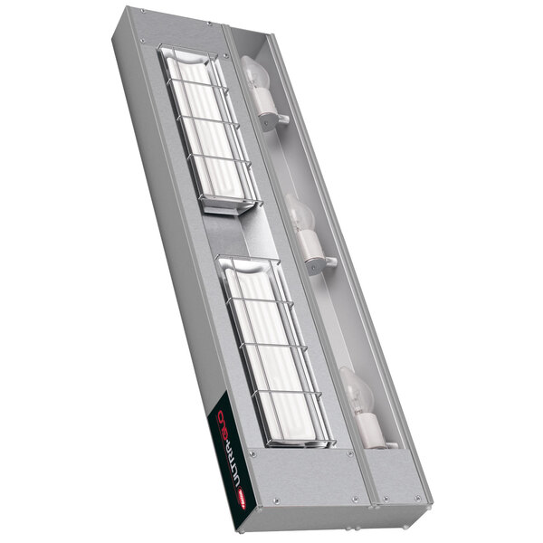 A white metal rectangular Hatco Ultra-Glo strip warmer with two light bulbs inside.