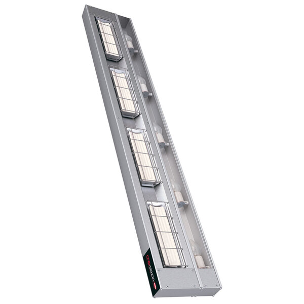 A long metal rectangular Hatco strip warmer with many lights.
