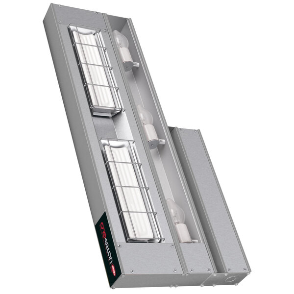 A Hatco Ultra-Glo strip warmer with lights above two compartments with doors.