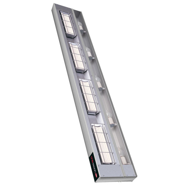 A long rectangular Hatco strip warmer with lights on.