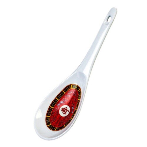 A white Thunder Group rice ladle with a red Longevity design.