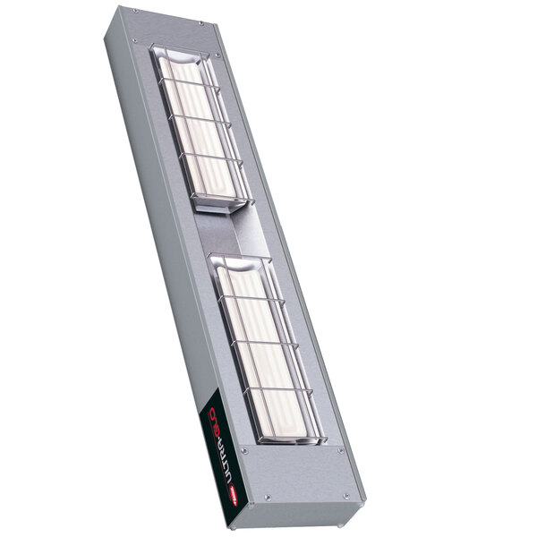 A long rectangular metal box with two lights inside.