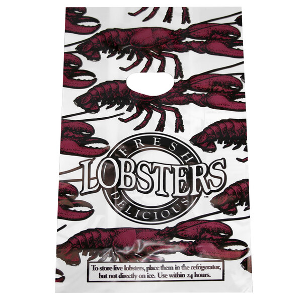 A white food grade plastic bag with handles and a lobster design.