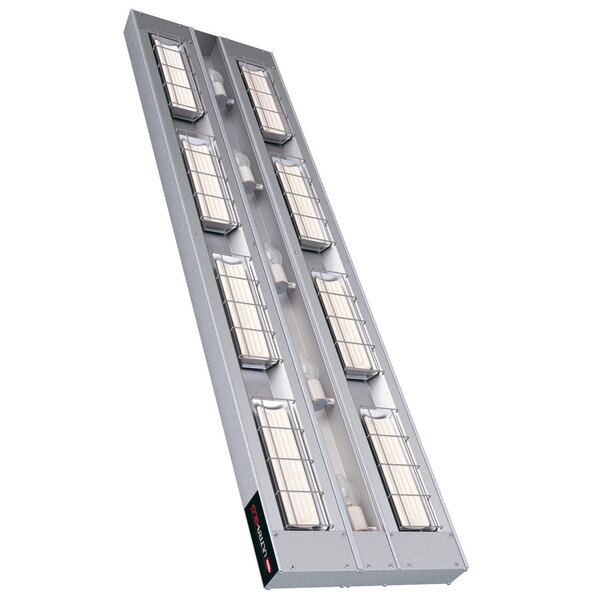A long rectangular metal rack with rectangular lights on it.