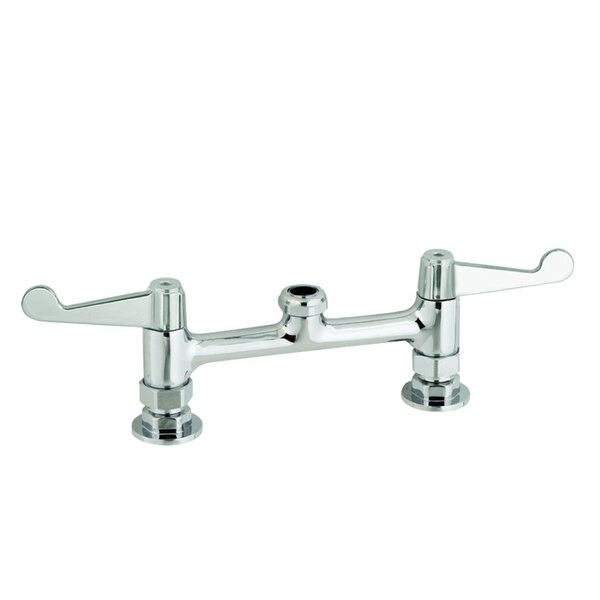 A chrome Equip by T&S deck mount faucet with wrist action handles.