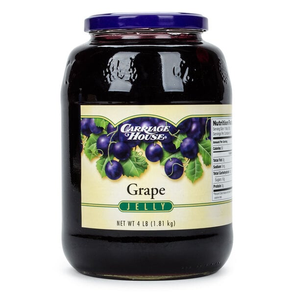 A 4 lb. glass jar of grape jelly with a lid and label.