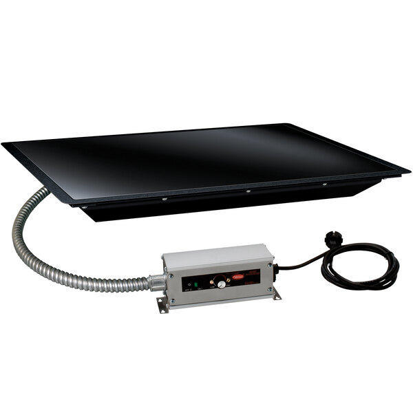 A black rectangular Hatco heated shelf warmer with a power cord.