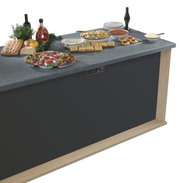 A Hatco built-in heated stone shelf on a counter with food and drinks on it.