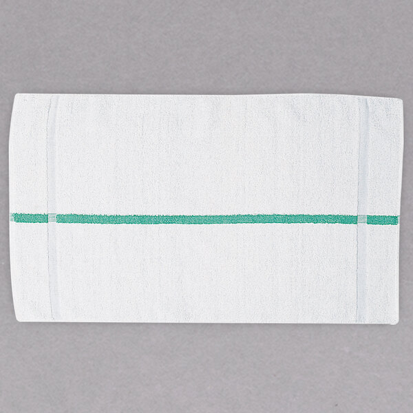 A white towel with a green stripe.