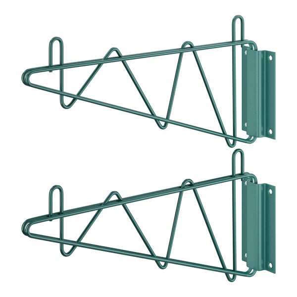 A pair of green Regency wall mounting brackets with hooks.