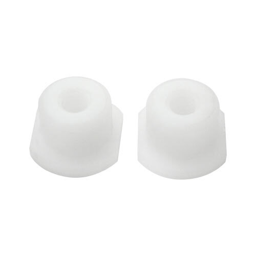 A pair of white plastic bushings with a hole in the center.
