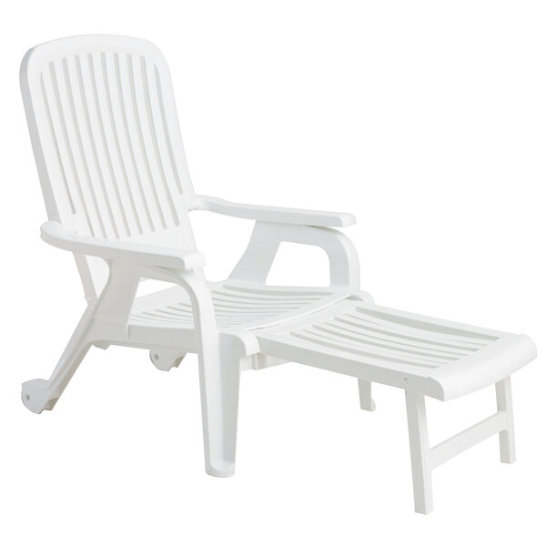 A case of 10 white plastic Grosfillex Bahia chairs with pull-out footrests.
