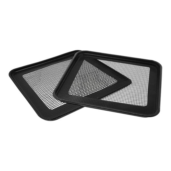 Two black Amana non-stick mesh baskets with holes.