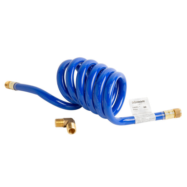 A blue Dormont Swirl water connector hose with brass fittings.