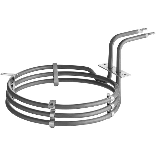 A grey circular metal heating element with metal rods.