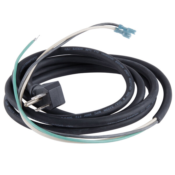 A black cable with a green and white connector.