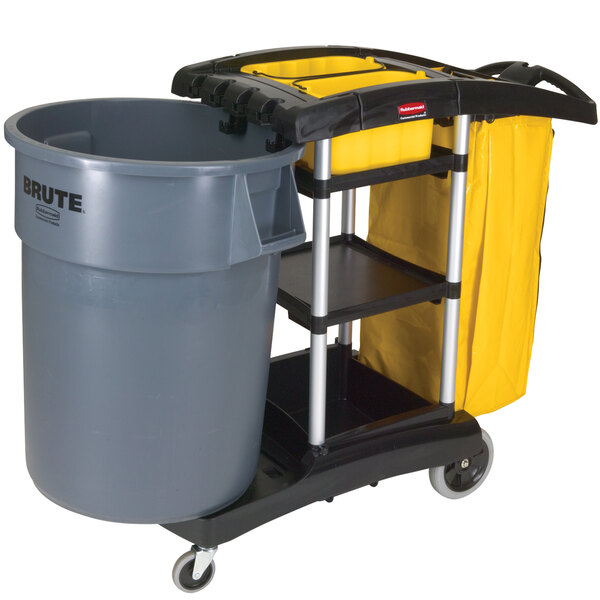 A Rubbermaid janitor cart with a yellow bag and bucket on a two-tier tray.